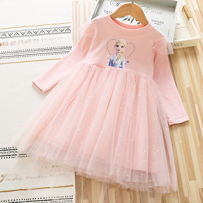 Mergaičių suknelė 2025 rudens ir žiemos kūdikiams medvilninė ilgomis rankovėmis tinklinė suknelė mažajai mergaitei žvaigždės formos princesės Elsos suknelė