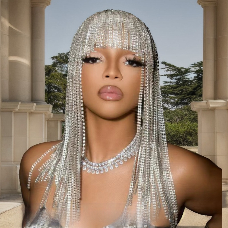 Εκρηκτική αλυσίδα με διαμάντια, μακριά φούντα, περούκα με στρας, πανκ αλυσίδα μαλλιών, καπέλο για πάρτι, παραστατικές τέχνες