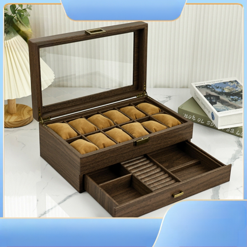 Nauja dviguba medžio tekstūros odinė laikrodžių laikymo dėžutė daugiafunkcinė papuošalų dėžutė ruda vintažinė laikrodžių dėžutė su užraktu