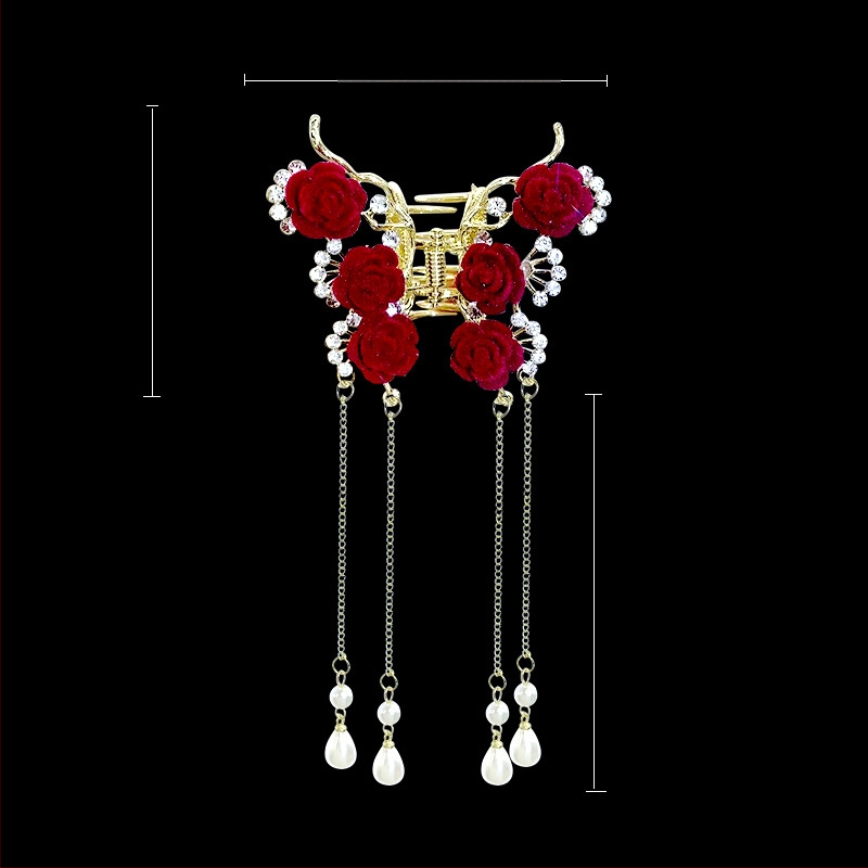 Hiina stiilis punase roosiga tutiga juukseklamber, naiste peaga pooleldi seotud juukseketas, haikala, kvaliteetsed haaramisjuukse aksessuaarid