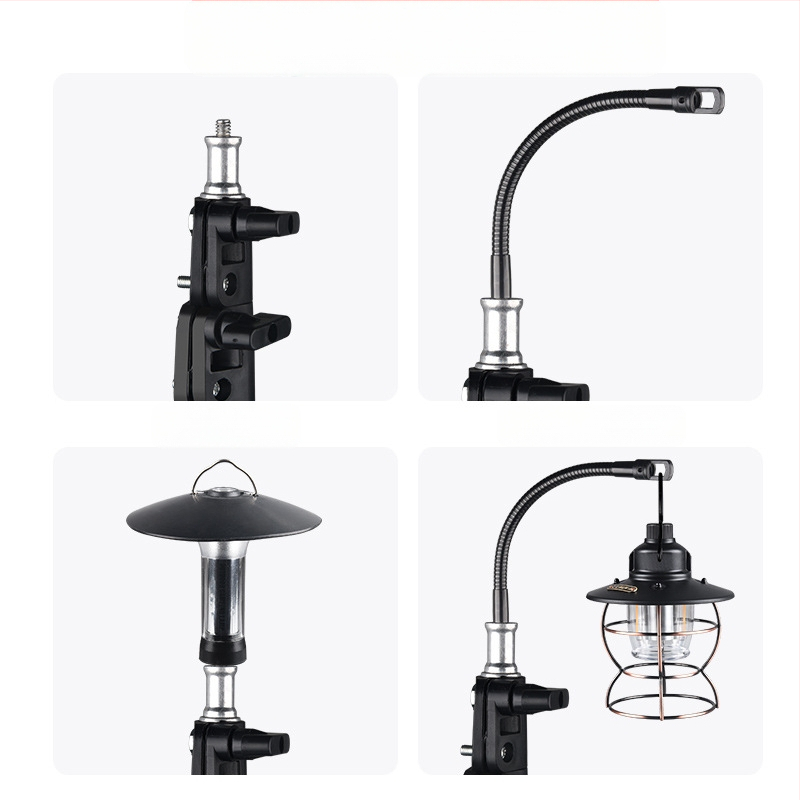 Välistingimustes telkimiseks mõeldud alumiiniumisulamist lambialus, kokkupandav, reguleeritav kaasaskantav telkimislambi postikonksuga riputus, mobiilne laagriklamber