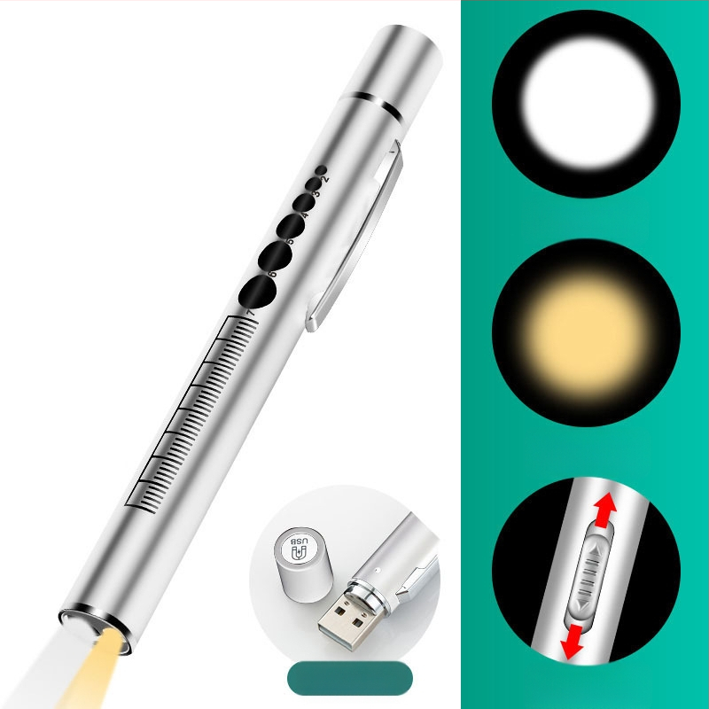 Įkraunamas dvigubo šviesos šaltinio vyzdžio rašiklis geltona šviesa balta šviesa medicininė burnos apžiūros lempa iš nerūdijančio plieno rytinės apžiūros rašiklio lempa žibintuvėlis