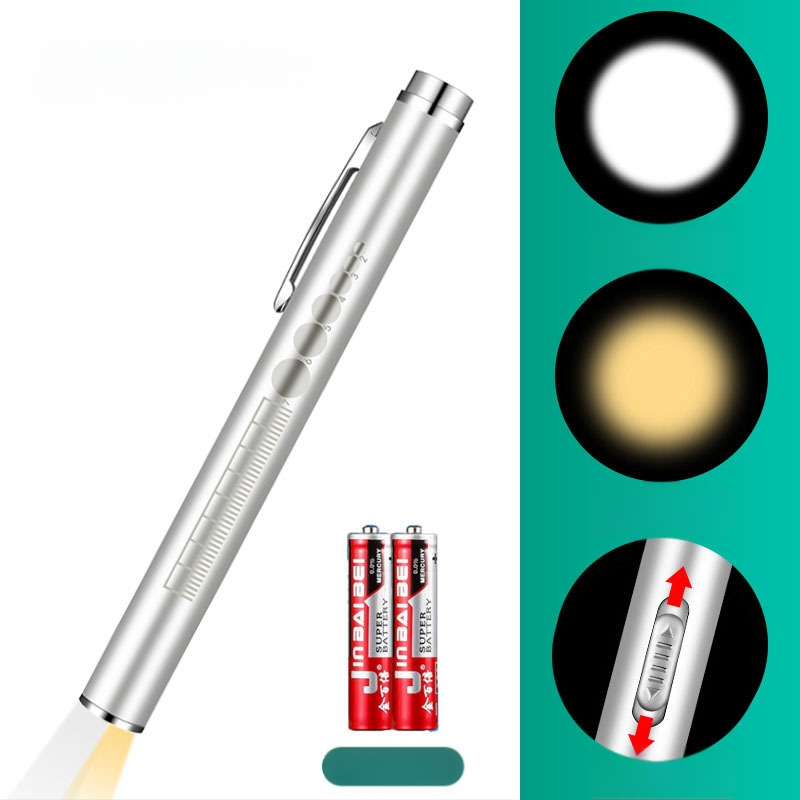 Įkraunamas dvigubo šviesos šaltinio vyzdžio rašiklis geltona šviesa balta šviesa medicininė burnos apžiūros lempa iš nerūdijančio plieno rytinės apžiūros rašiklio lempa žibintuvėlis