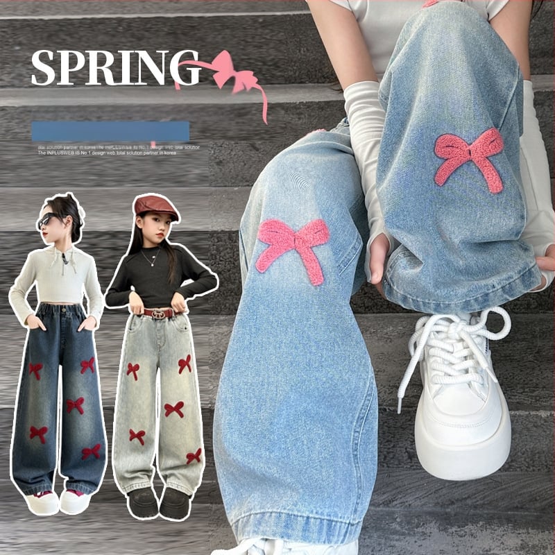 Tüdrukute kevad- ja sügisteksad 2025. aastaks Uued stiilsed tänavapüksid sirgete teksadega, vanematele lastele, laiad jalad