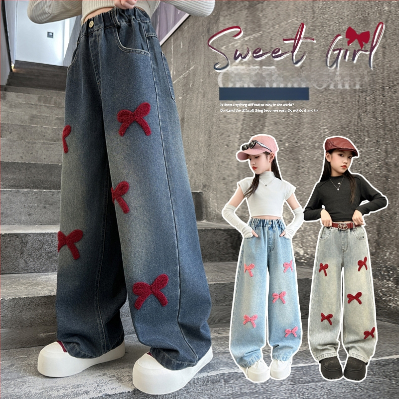 Tüdrukute kevad- ja sügisteksad 2025. aastaks Uued stiilsed tänavapüksid sirgete teksadega, vanematele lastele, laiad jalad