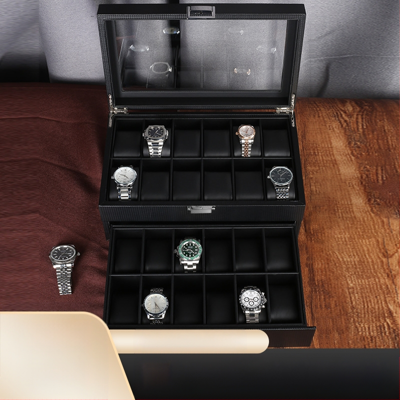 Süsinikkiust PU-kellakarp kahekihiline 24 kella kuvamiskarp hoiukarbi käevõru käevõru hoiukarbi kellakarp