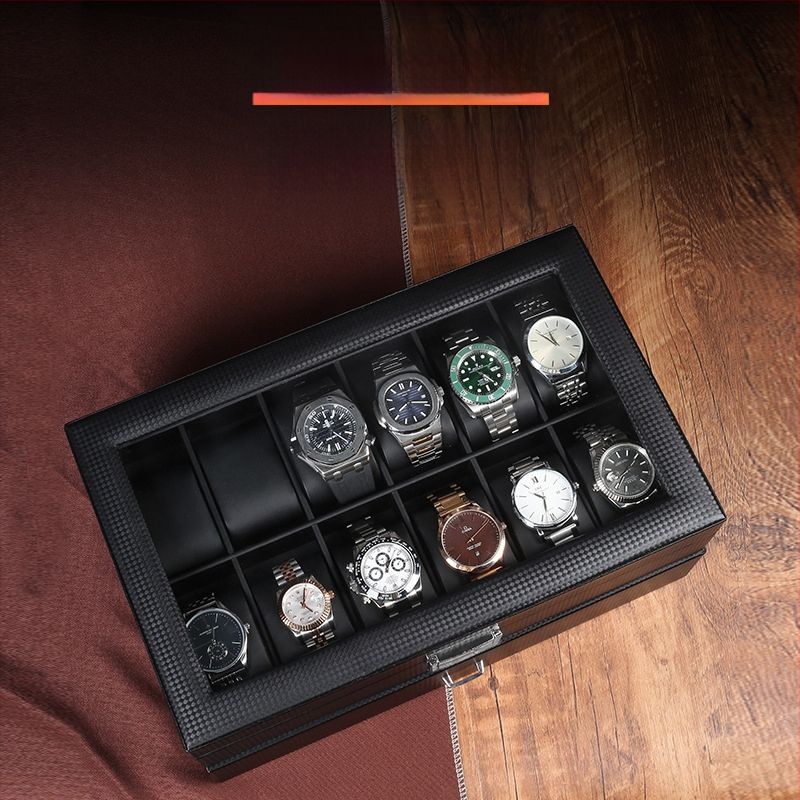 Süsinikkiust PU-kellakarp kahekihiline 24 kella kuvamiskarp hoiukarbi käevõru käevõru hoiukarbi kellakarp