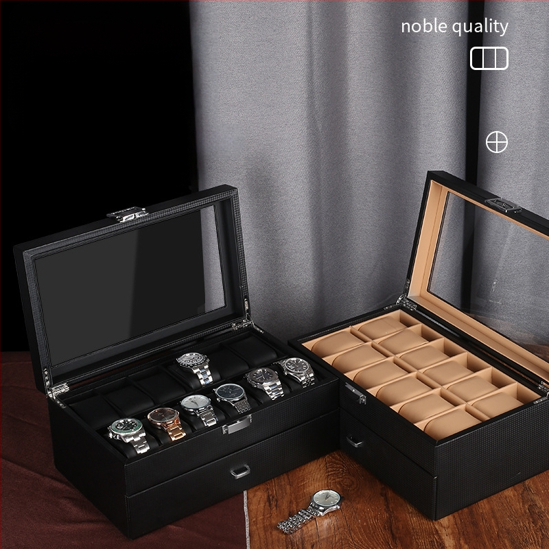 Süsinikkiust PU-kellakarp kahekihiline 24 kella kuvamiskarp hoiukarbi käevõru käevõru hoiukarbi kellakarp