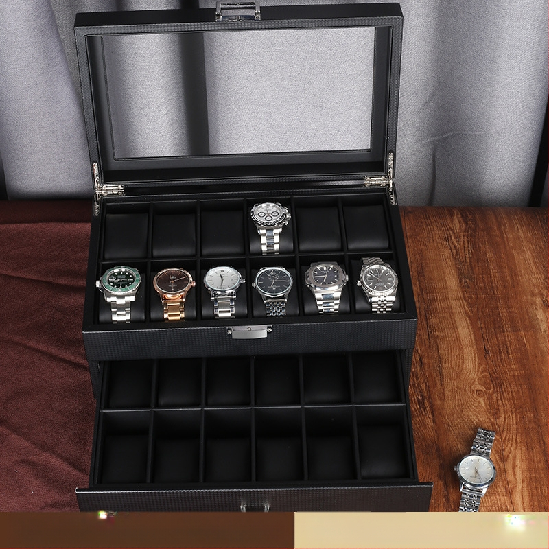 Süsinikkiust PU-kellakarp kahekihiline 24 kella kuvamiskarp hoiukarbi käevõru käevõru hoiukarbi kellakarp