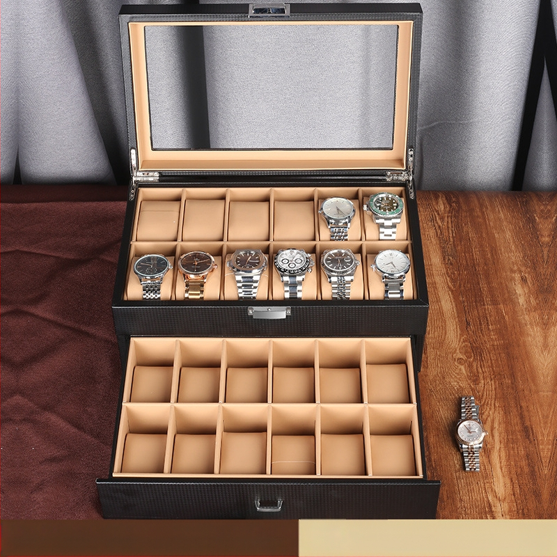 Süsinikkiust PU-kellakarp kahekihiline 24 kella kuvamiskarp hoiukarbi käevõru käevõru hoiukarbi kellakarp