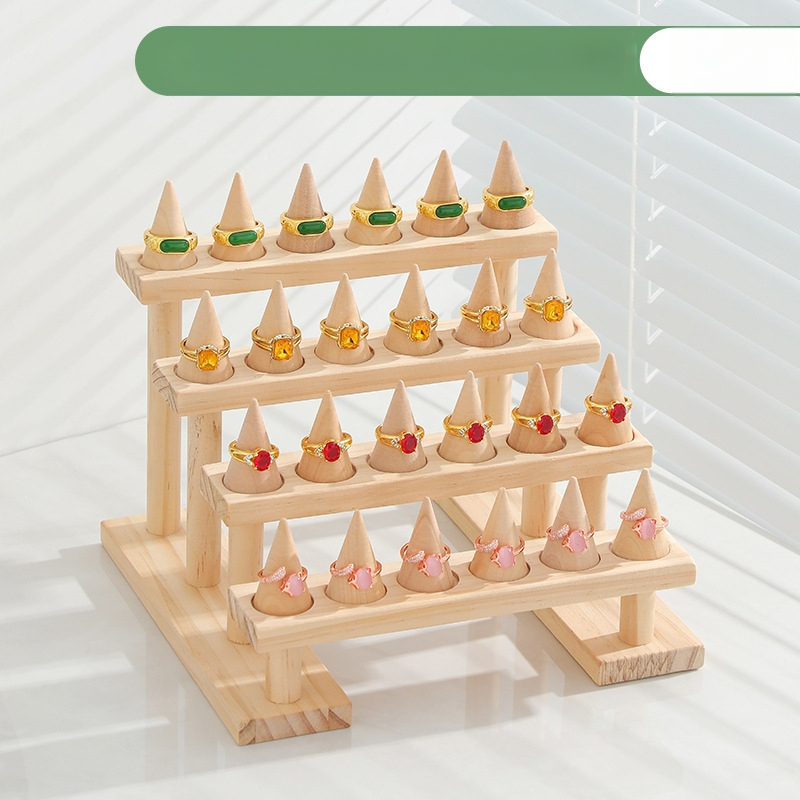 Täispuidust rõngastega vitriin mitmekihiline redel suure mahutavusega ehteriiul loominguline koonusekujuline rõngasklamber ehete hoiustamisriiul