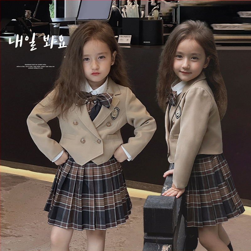 Tüdrukute sügisriided Ameerika preppy stiilis JK seelik-ülikond ülerõivaste poolseelik 2025 kevadine uus laste vabaajaülikondade trend