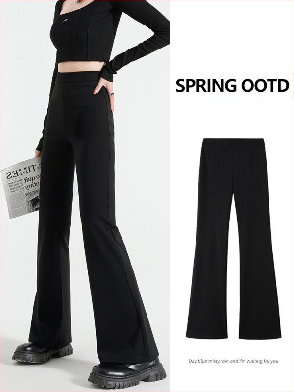 Mustad mikrolaiendatud püksid naistele 2025. aasta sügis elastse salendava välimusega kõrge vöökohaga õhukesed hobuse kabja püksid põrandani ulatuvad vabaajapüksid naistele