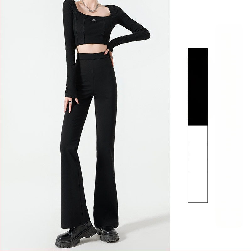 Mustad mikrolaiendatud püksid naistele 2025. aasta sügis elastse salendava välimusega kõrge vöökohaga õhukesed hobuse kabja püksid põrandani ulatuvad vabaajapüksid naistele