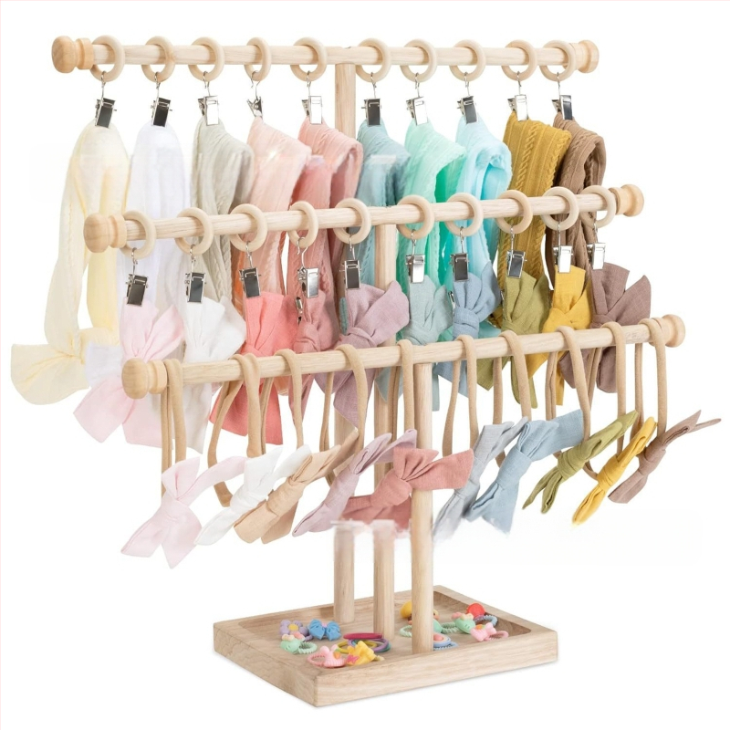 Puidust laste juuksepaelte hoiuriiul hoiukarbiga, beebiehete riiul, juuksepaelte ja peavõrudega vitriin, toodete vitriin