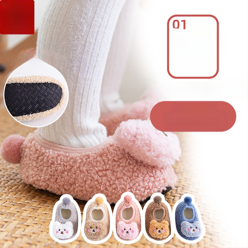 Miyou puuvillased sügis-talvised uued kolmemõõtmelised karunukkude korallfliisist väikelapse kingad sametist polsterdusega libisemiskindlad põrandasokid