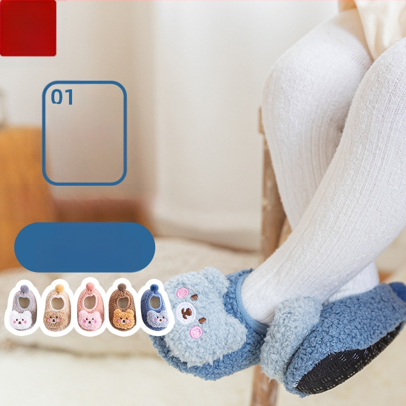 Miyou puuvillased sügis-talvised uued kolmemõõtmelised karunukkude korallfliisist väikelapse kingad sametist polsterdusega libisemiskindlad põrandasokid