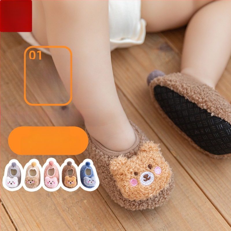 Miyou puuvillased sügis-talvised uued kolmemõõtmelised karunukkude korallfliisist väikelapse kingad sametist polsterdusega libisemiskindlad põrandasokid