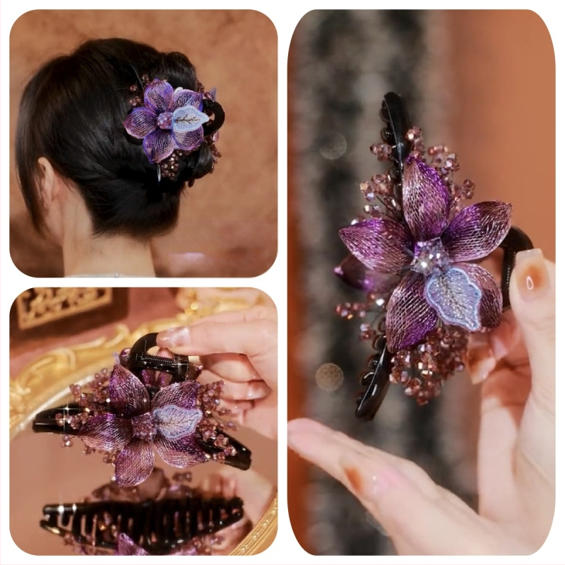 Korea stiilis luksuslik käsitsi valmistatud vasktraadist punutud lilleklamber, plastvaigust suur haikalamber pea tagaosas soengu tegemiseks