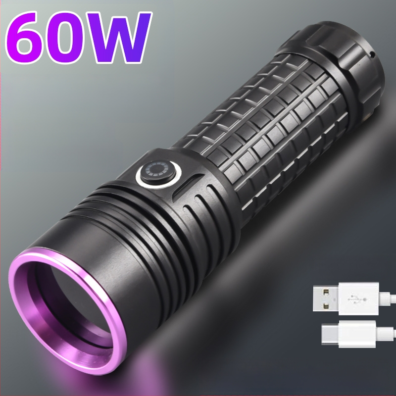 60W suure võimsusega lilla valgusega taskulamp UV must peegel lilla valgus hulgimüügi ehted luminofoorlamp võltsimisvastane õliplekkide tuvastamine 365Nm