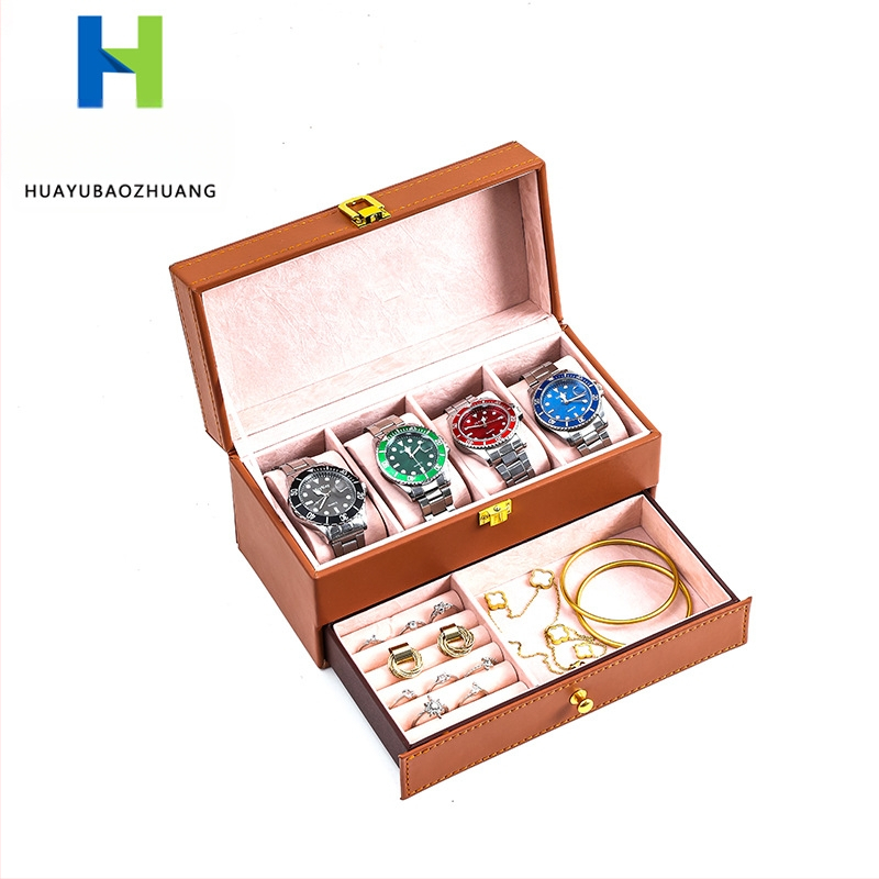 Piiriülene kellakarbi kohapealne hulgimüük süsinikkiust PU-nahast kellakarp 4 topeltkella ehete hoiustamise kellakarp