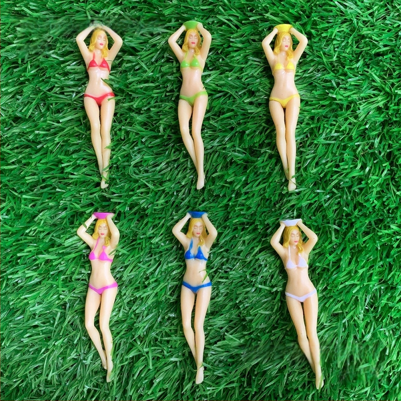 Golfo tee grožio kamuoliukų smaigaliai, šešių spalvų, bikinio formos kamuoliukų laikiklis, plastikiniai golfo tee priedai.