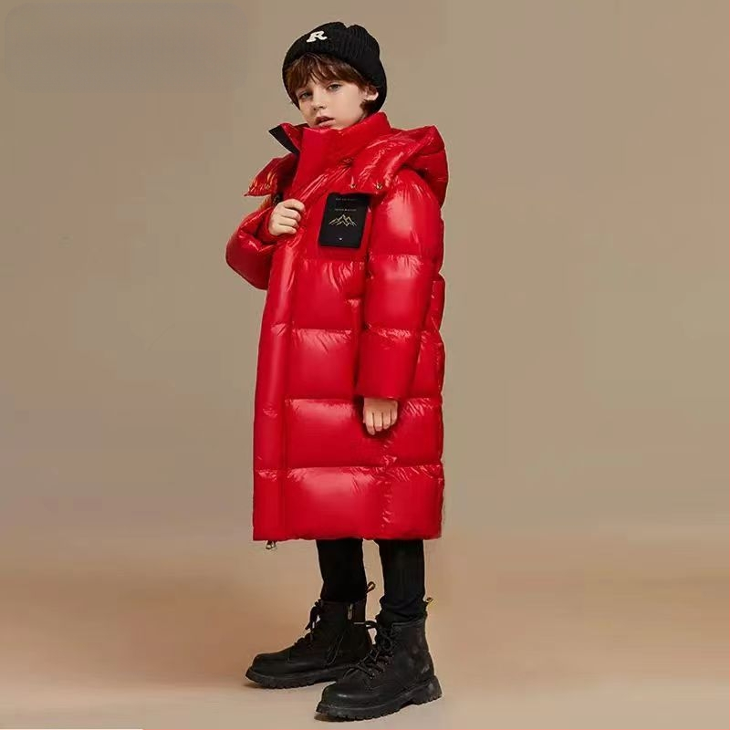 3QR bērnu dūnu jaka 2023. gada ziemas jaunā 90. gada baltā pīļu dūnu vidēja un liela izmēra bērnu vidēja garuma sabiezēts melnzelta mētelis, modīgs