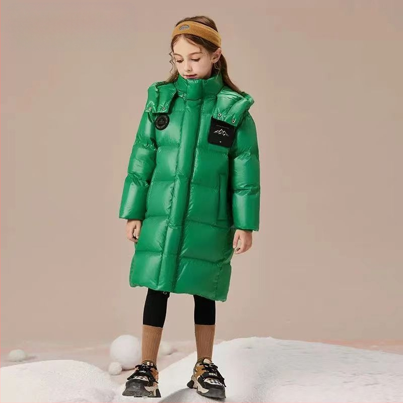 3QR bērnu dūnu jaka 2023. gada ziemas jaunā 90. gada baltā pīļu dūnu vidēja un liela izmēra bērnu vidēja garuma sabiezēts melnzelta mētelis, modīgs