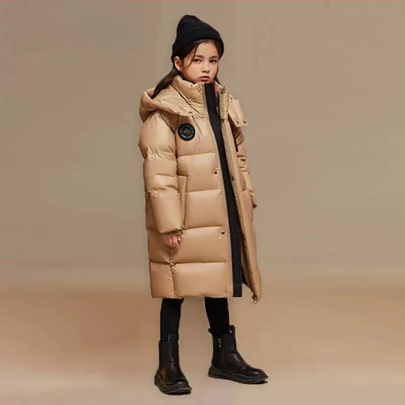 3QR bērnu dūnu jaka 2023. gada ziemas jaunā 90. gada baltā pīļu dūnu vidēja un liela izmēra bērnu vidēja garuma sabiezēts melnzelta mētelis, modīgs