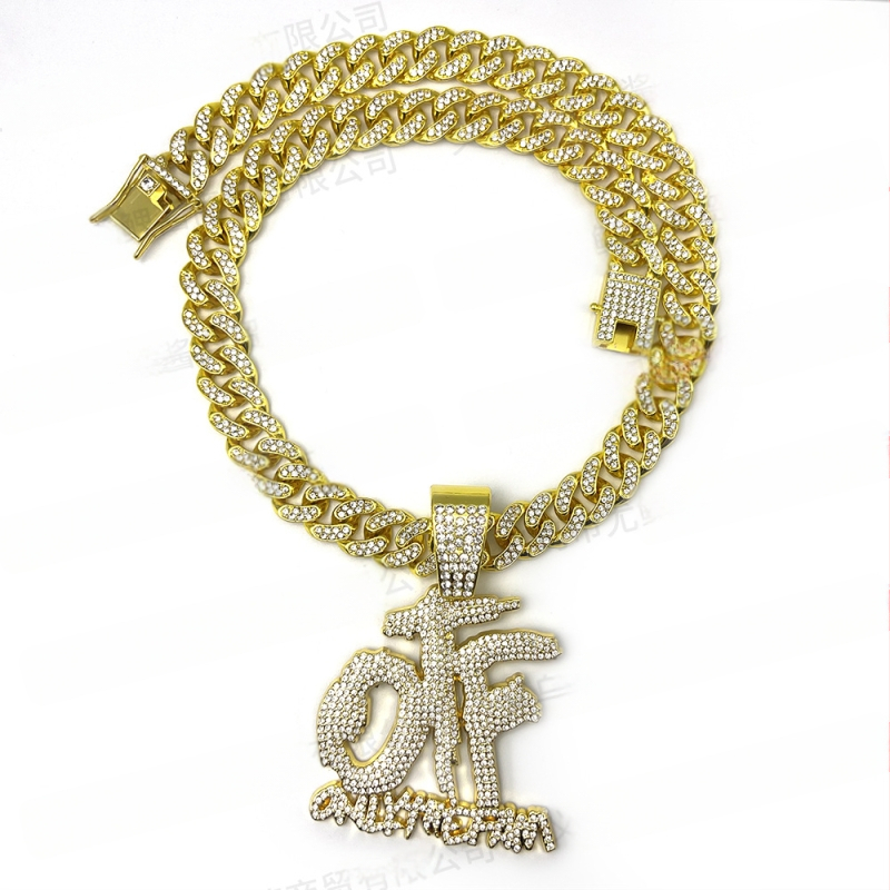 Vruća prekogranična eksplozivna hip-hop europska i američka OTF ogrlica s punim dijamantima, kubanski lanac, srebrni, zlatni, crni privjesak