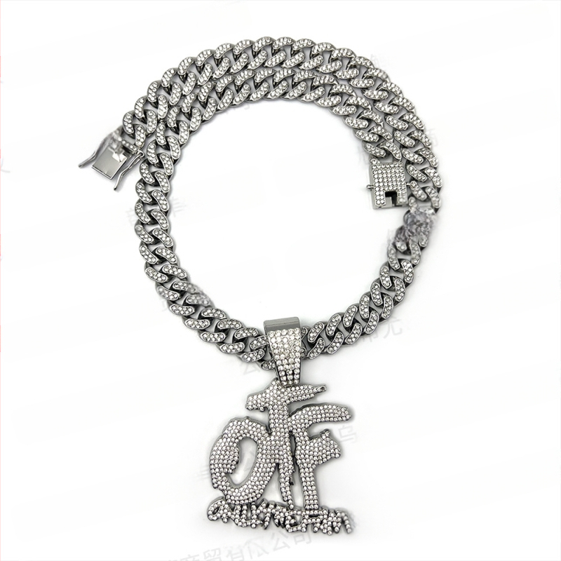 Vruća prekogranična eksplozivna hip-hop europska i američka OTF ogrlica s punim dijamantima, kubanski lanac, srebrni, zlatni, crni privjesak