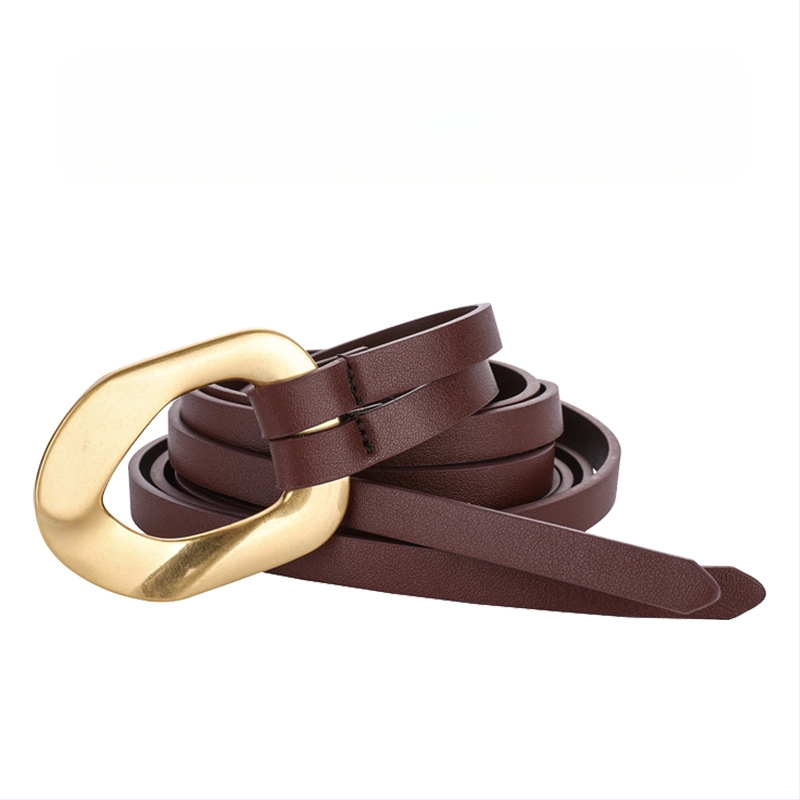 Uudne naiste sõlmepandlaga õhuke vöö, naiste kleit, kitsas vöökate, pikk vöö, moodne kuldse pandlaga loomanahast vöö