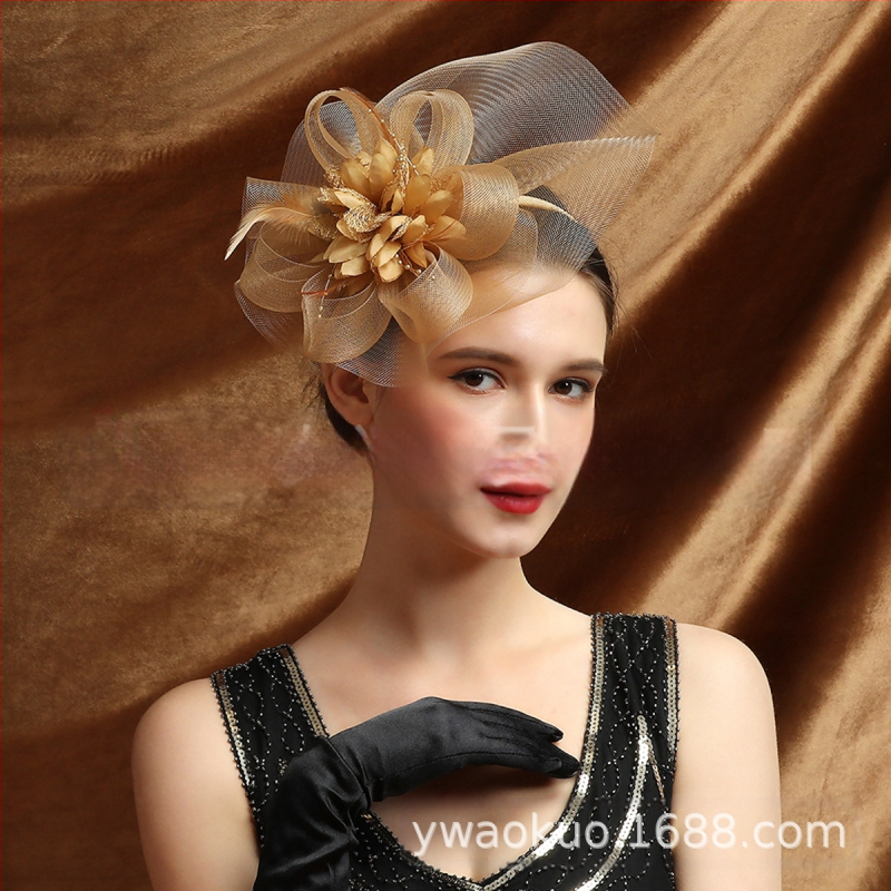 Europietiškos ir amerikietiškos šventinės vakarėlių tinklinės plunksnų galvos apdangalas, nuotakos, vestuvių nuotrauka, vintažiniai plaukų aksesuarai, plaukų segtukas, dvigubos paskirties galvos apdangalas, gėlė