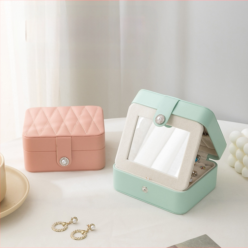 PU nahast peegliga ehtekarp kaasaskantav ehtepakend väike sõrmuskõrvarõngaste ehete hoiukarp Korea stiilis