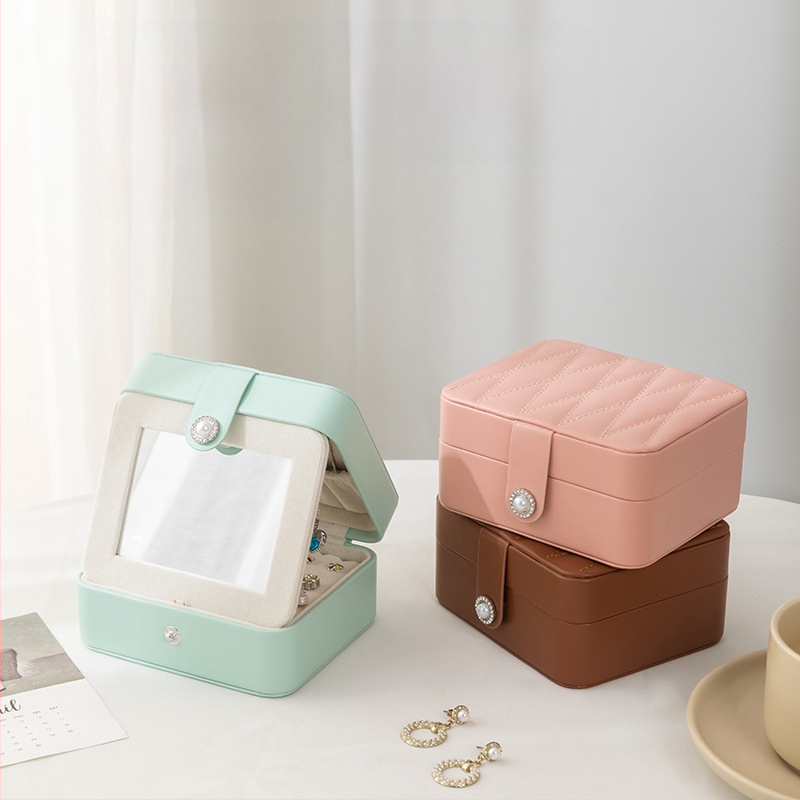 PU nahast peegliga ehtekarp kaasaskantav ehtepakend väike sõrmuskõrvarõngaste ehete hoiukarp Korea stiilis