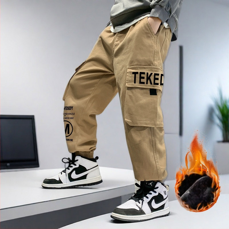 Laste sügis- ja talvefliisvoodriga paksendatud mugavad universaalsed vabaajariided stiilsed poiste lasteriided jalgade tööriistade püksid nägusad