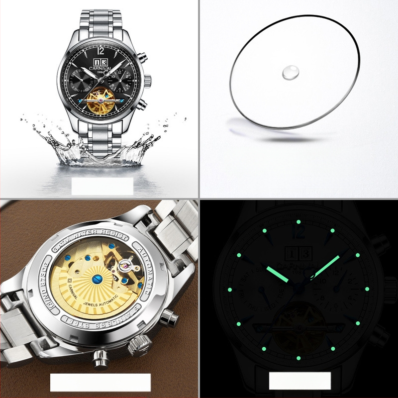 Carnival vīriešu automātiskais mehāniskais pulkstenis, ūdensizturīgs, moderns, daudzfunkcionāls biznesa pulkstenis, 8730. paaudzes modelis