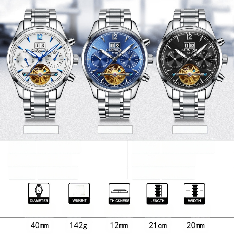 Carnival vīriešu automātiskais mehāniskais pulkstenis, ūdensizturīgs, moderns, daudzfunkcionāls biznesa pulkstenis, 8730. paaudzes modelis