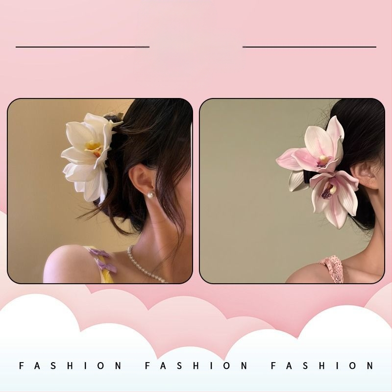 Plaukų aksesuarų segtukas pakaušiui, ankstyvo pavasario šukuosenai, itin tikroviška fėjos tekstūros segtukas, ryklio letenos formos segtukas, orchidėjos žiedo formos segtukas šukuosenai