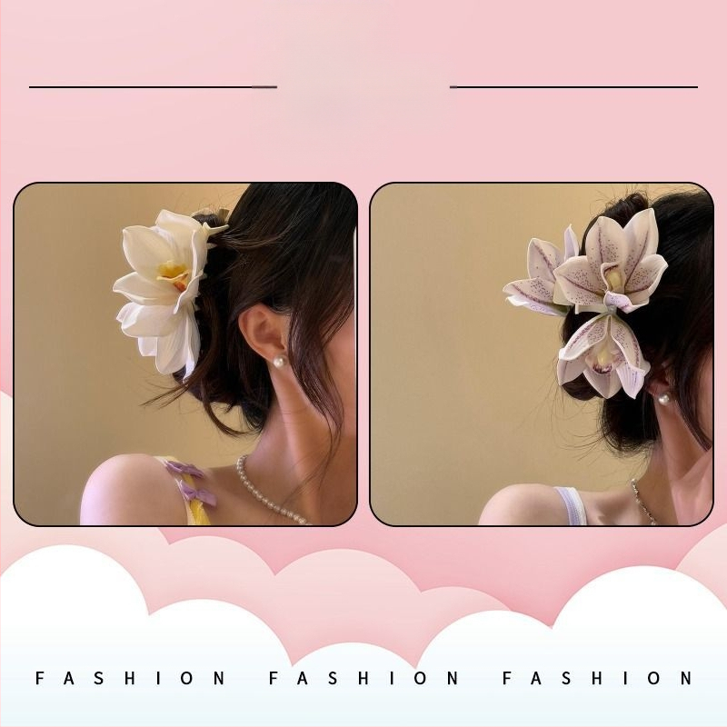 Plaukų aksesuarų segtukas pakaušiui, ankstyvo pavasario šukuosenai, itin tikroviška fėjos tekstūros segtukas, ryklio letenos formos segtukas, orchidėjos žiedo formos segtukas šukuosenai