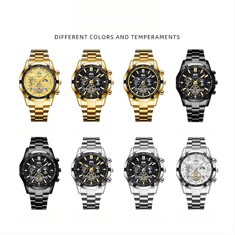 WLISTH svájci márkájú férfi karóra, világító, vízálló kvarcóra, nagyméretű számlapos acélszalagos naptáras férfi karóra, külkereskedelmi óra