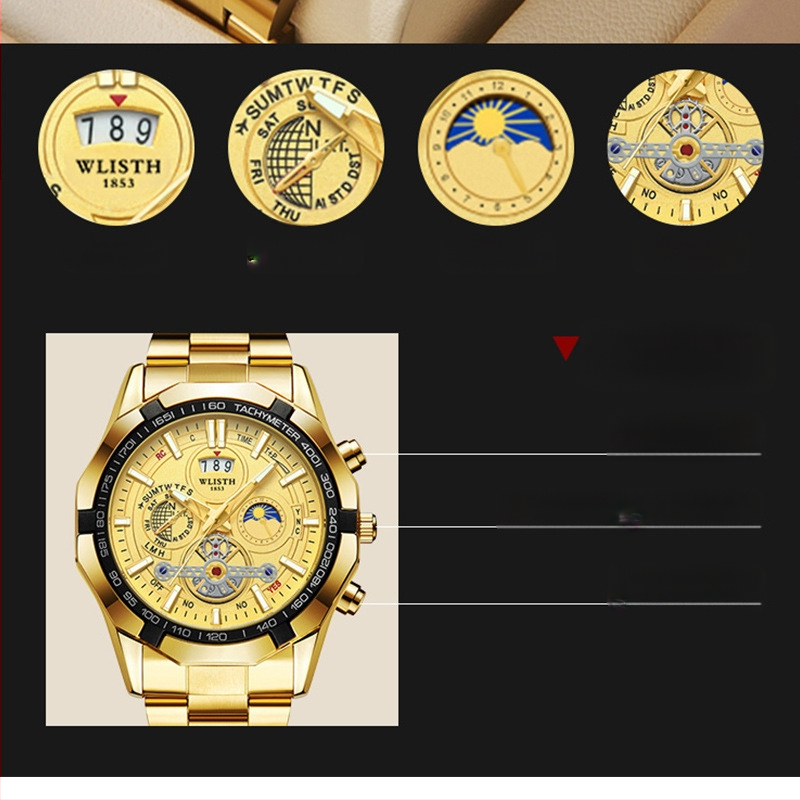 WLISTH svájci márkájú férfi karóra, világító, vízálló kvarcóra, nagyméretű számlapos acélszalagos naptáras férfi karóra, külkereskedelmi óra