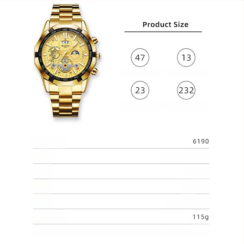 WLISTH svájci márkájú férfi karóra, világító, vízálló kvarcóra, nagyméretű számlapos acélszalagos naptáras férfi karóra, külkereskedelmi óra