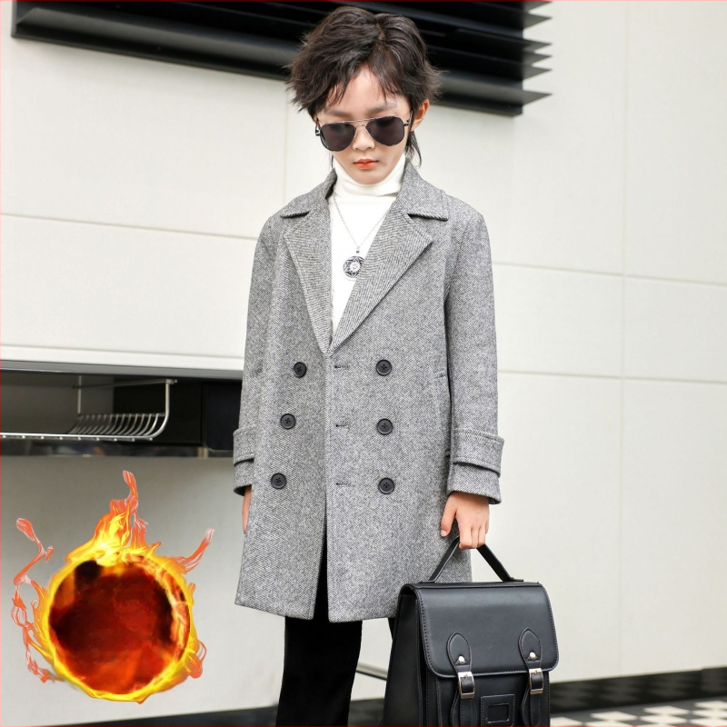 Zēnu vilnas mētelis rudens un ziemas daudzpusīgs vējjaka, rietumnieciska stila silts vidēja garuma bērnu vilnas mētelis, skaists korejiešu stilā