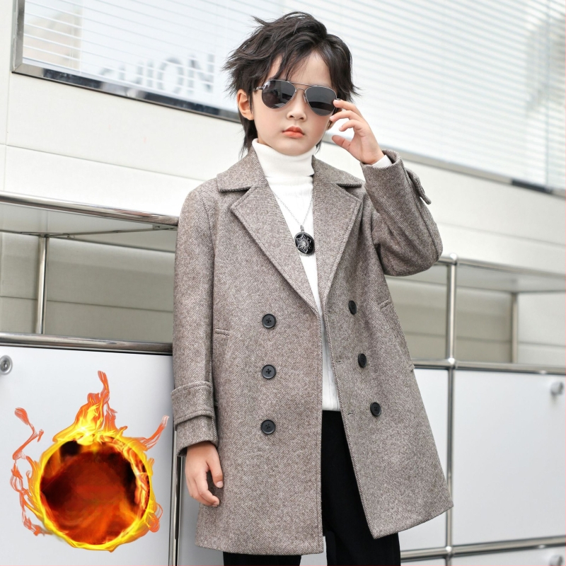 Zēnu vilnas mētelis rudens un ziemas daudzpusīgs vējjaka, rietumnieciska stila silts vidēja garuma bērnu vilnas mētelis, skaists korejiešu stilā