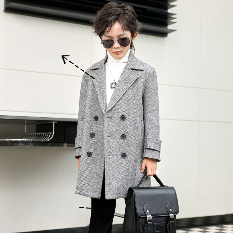 Zēnu vilnas mētelis rudens un ziemas daudzpusīgs vējjaka, rietumnieciska stila silts vidēja garuma bērnu vilnas mētelis, skaists korejiešu stilā