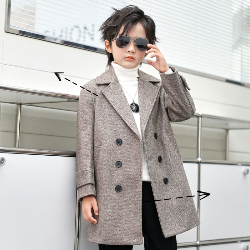 Zēnu vilnas mētelis rudens un ziemas daudzpusīgs vējjaka, rietumnieciska stila silts vidēja garuma bērnu vilnas mētelis, skaists korejiešu stilā