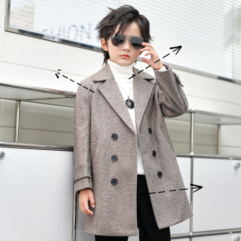 Zēnu vilnas mētelis rudens un ziemas daudzpusīgs vējjaka, rietumnieciska stila silts vidēja garuma bērnu vilnas mētelis, skaists korejiešu stilā