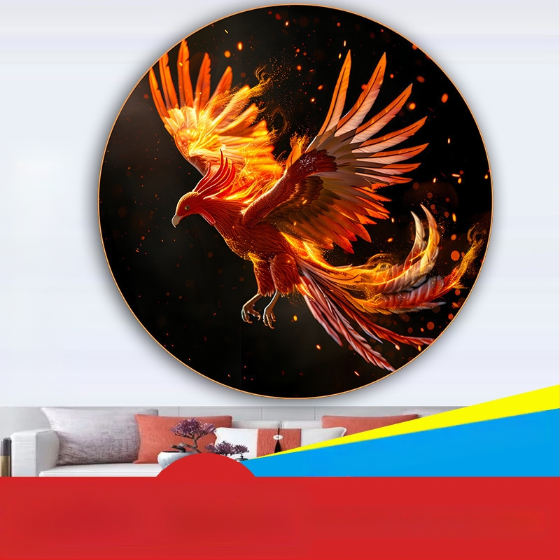 Κυκλική ζωγραφική με έναν Φοίνικα και ένα Θεϊκό Πουλί, Αυτοκόλλητη διακόσμηση τοίχου για την είσοδο του σαλονιού, με εκατό πουλιά να συρρέουν στο Φοίνικα, ζωγραφική σε στιλ αγροικίας για ξενώνες