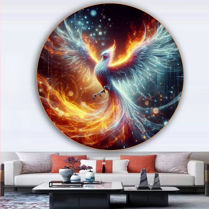 Κυκλική ζωγραφική με έναν Φοίνικα και ένα Θεϊκό Πουλί, Αυτοκόλλητη διακόσμηση τοίχου για την είσοδο του σαλονιού, με εκατό πουλιά να συρρέουν στο Φοίνικα, ζωγραφική σε στιλ αγροικίας για ξενώνες